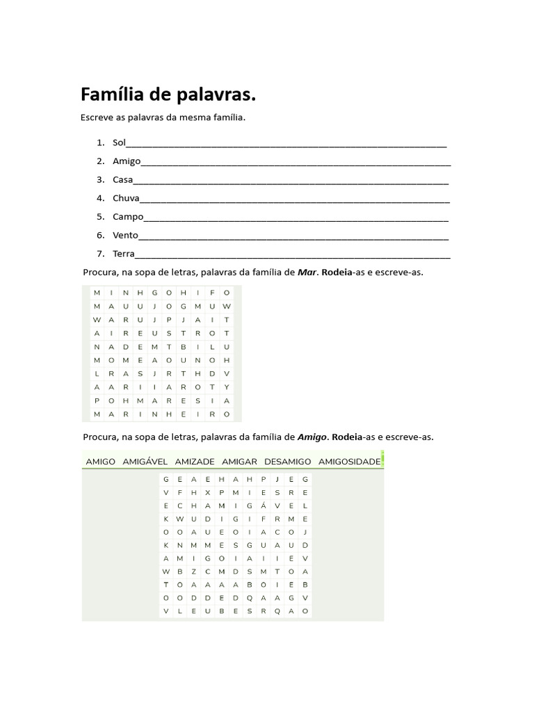 Palavras da Mesma Família em Atividades | PDF