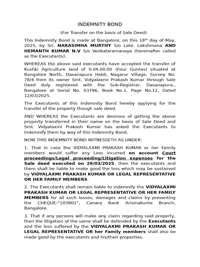 Indemnity Bond for Property Transfer | PDF | Indemnity | Contract Law