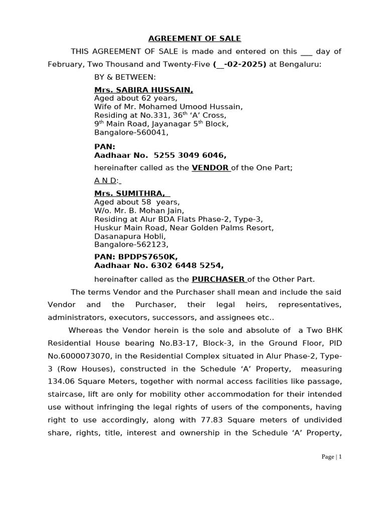 Sale Agreement for Alur BDA Property | PDF | Deed | Property