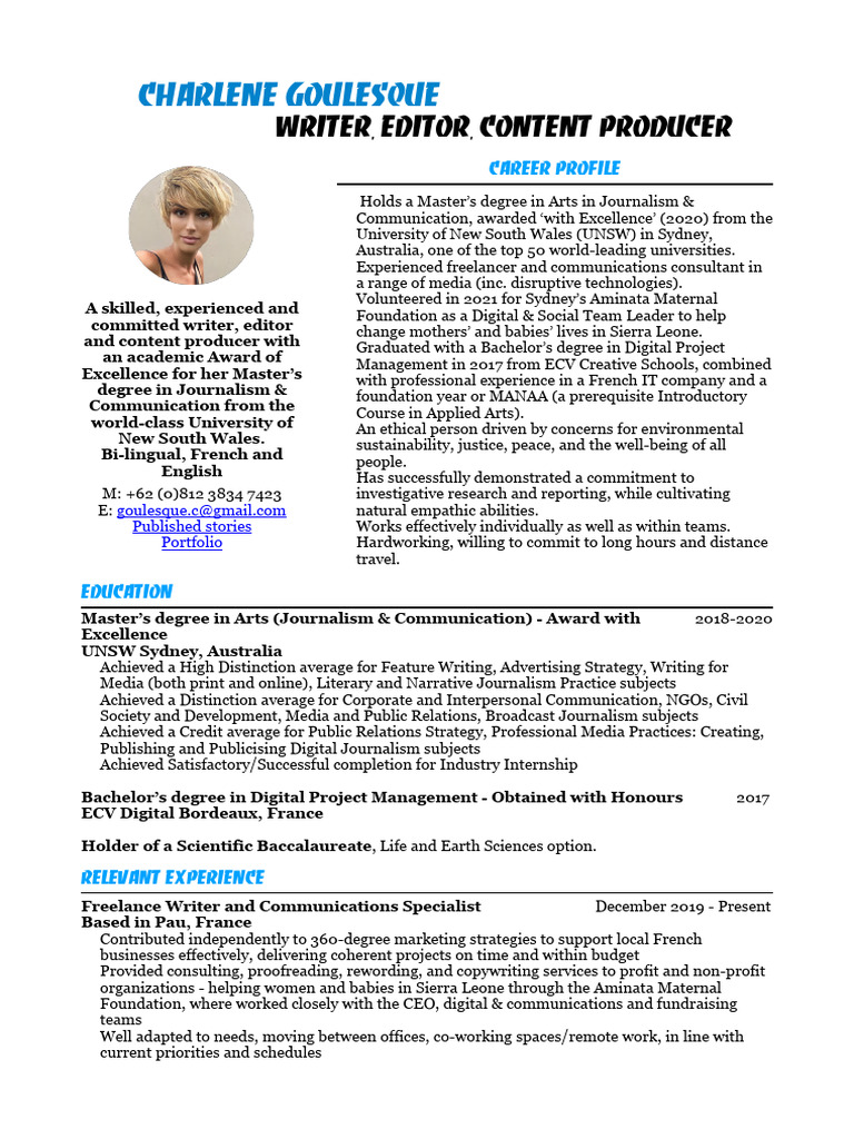 Charlene Goulesque: Writer & Editor Profile | PDF