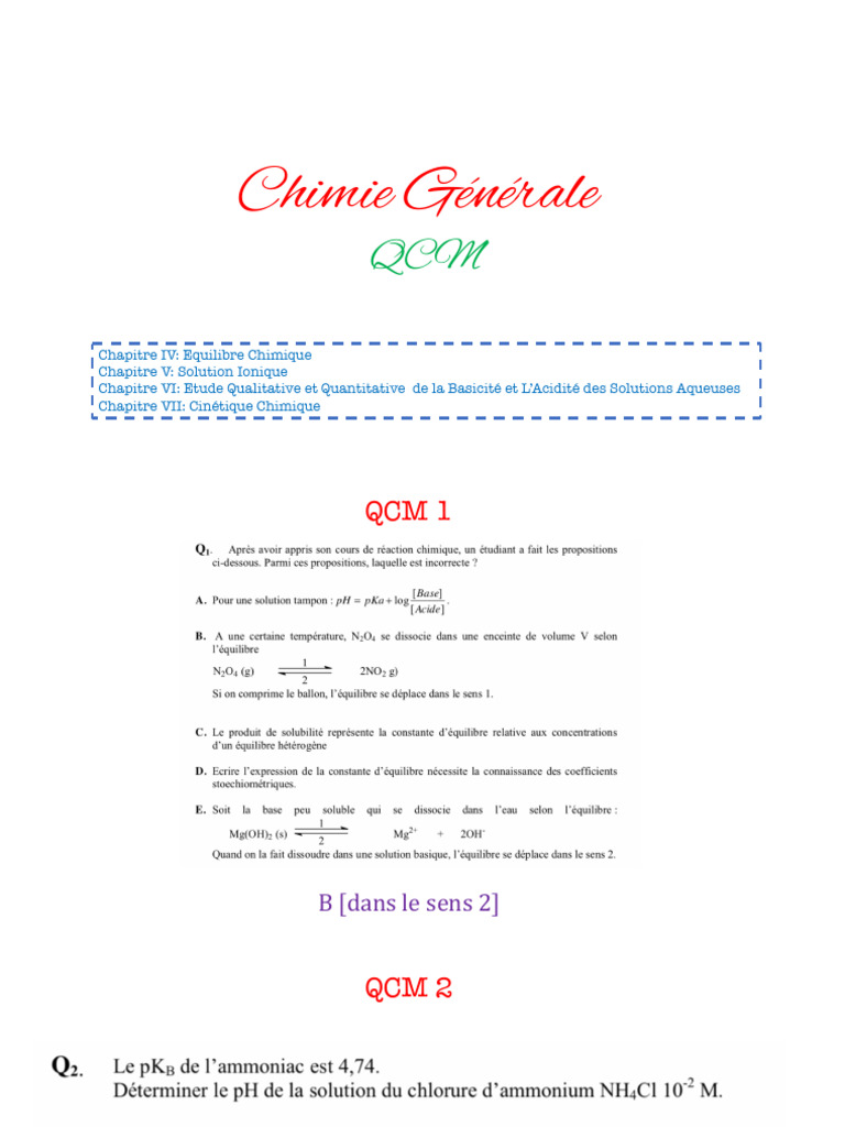 QCM Chimie Générale Corrigé | PDF