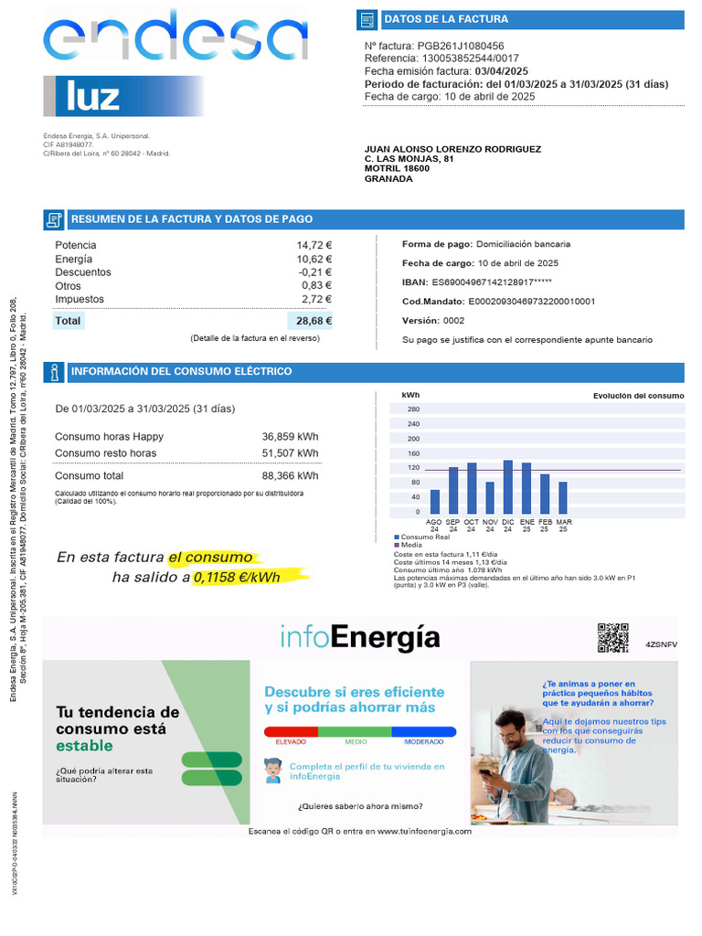 Factura de Electricidad Endesa Marzo 2025 | PDF | Electricidad ...