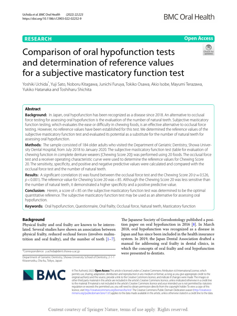 Reference Values for Masticatory Function Test | PDF | Receiver ...