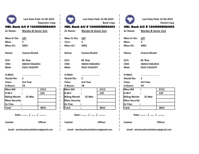 Mess Bill Summary for Usama Khulid | PDF