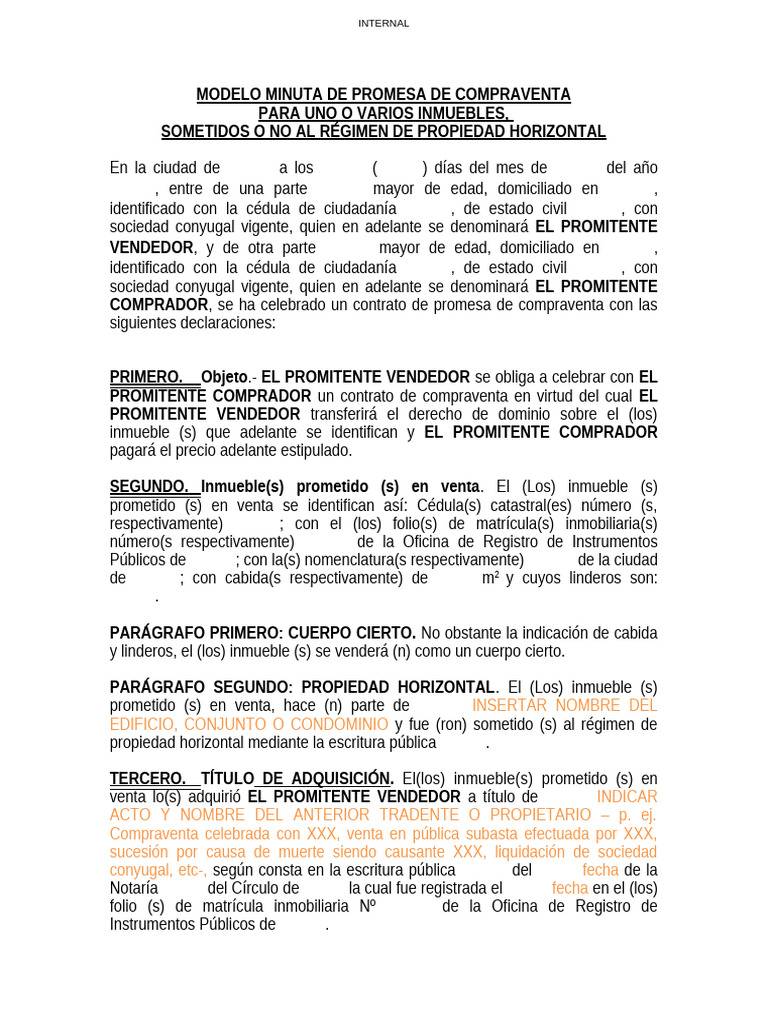 Minuta Promesa de Compraventa Inmuebles | PDF | Pago inicial | Ley común