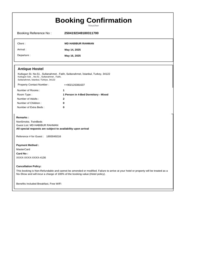 Confirmation For Booking ID # 1893049216 | PDF
