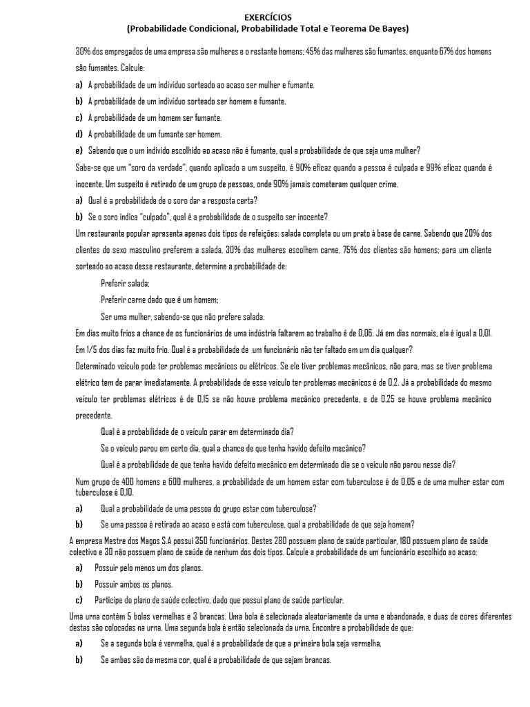 Exercícios de Probabilidade Condicional e Total | PDF | Probabilidade ...