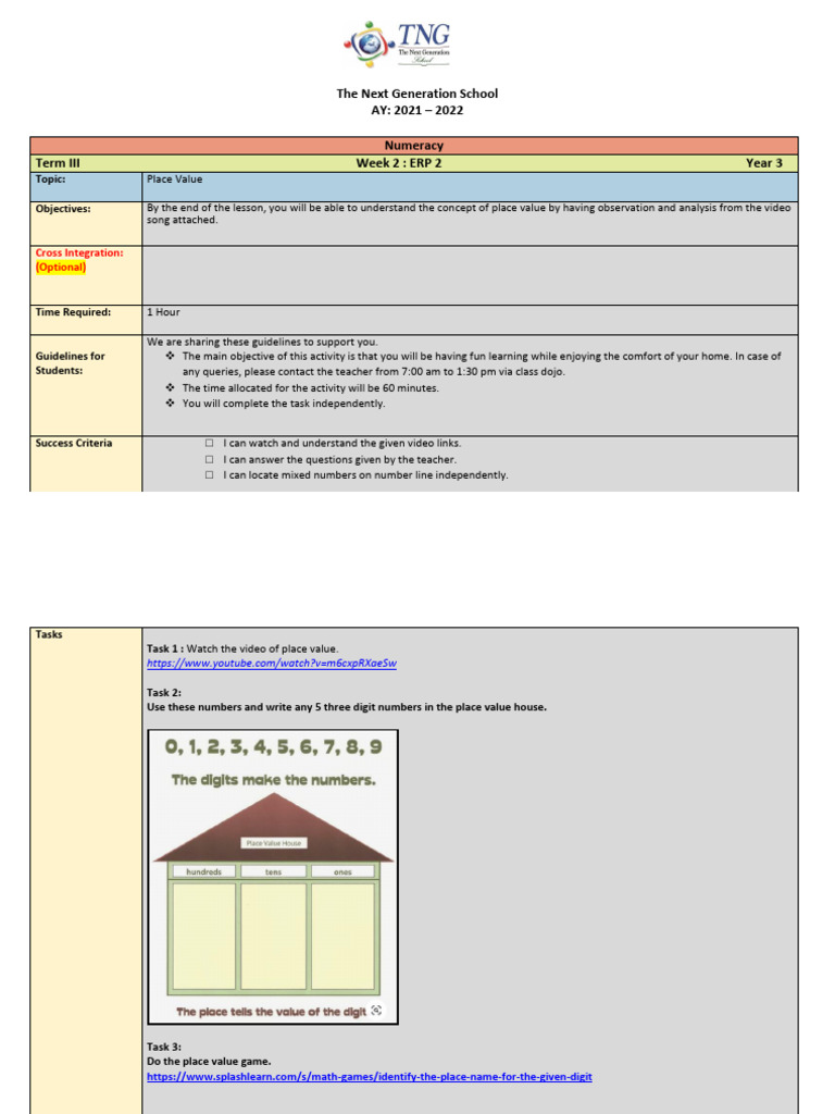 Year 3 Place Value Lesson Plan | PDF