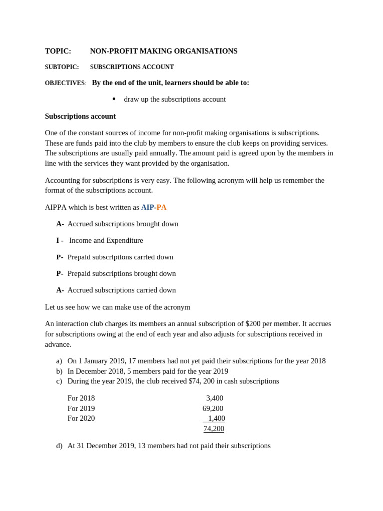 Subscription Account Format for NPOs | PDF | Accrual | Debits And Credits