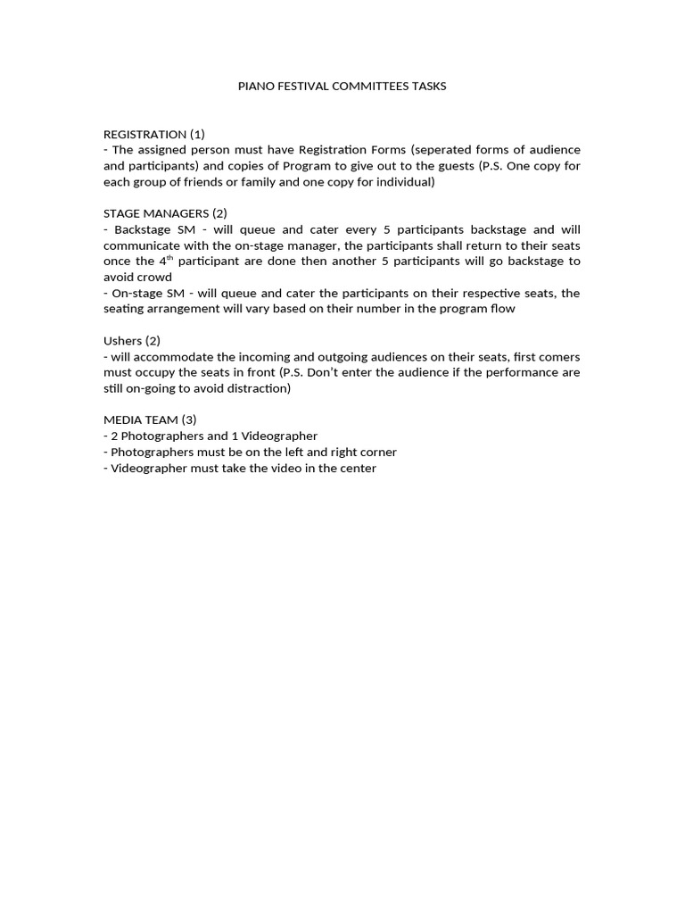 Piano Festival Committees Tasks | PDF