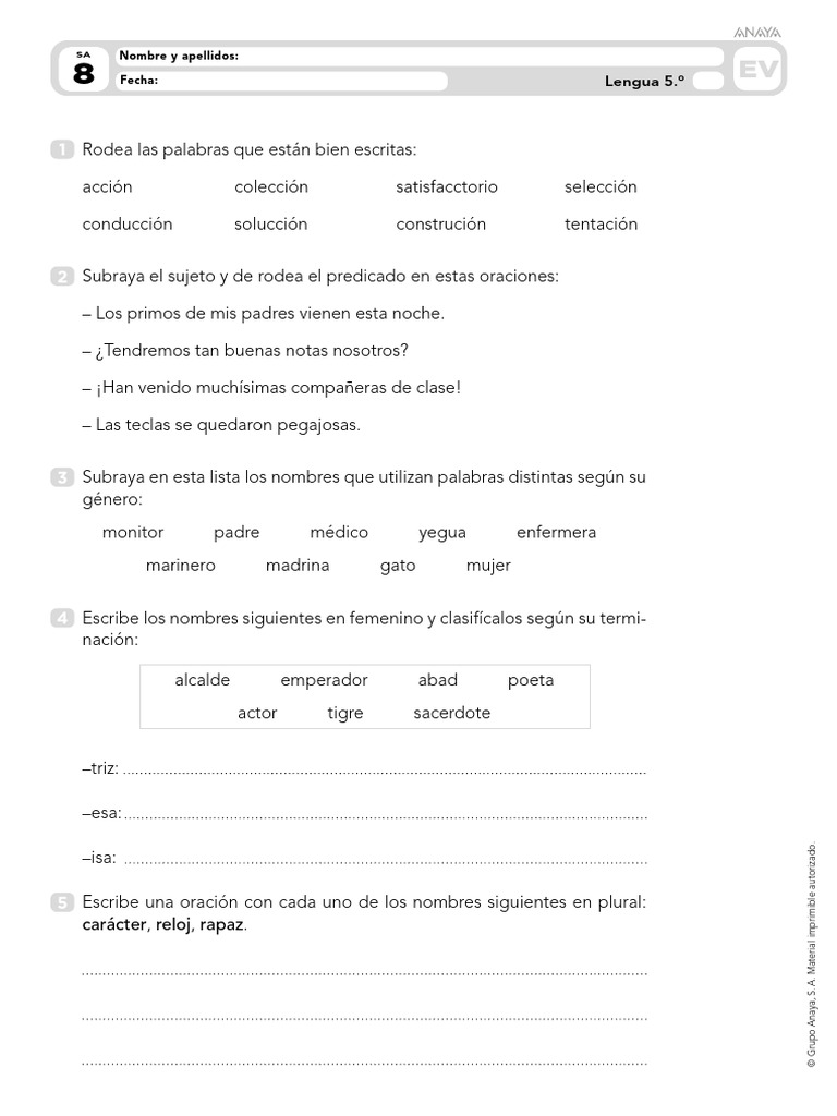 Ejercicios de Lengua para 5.º Grado | PDF