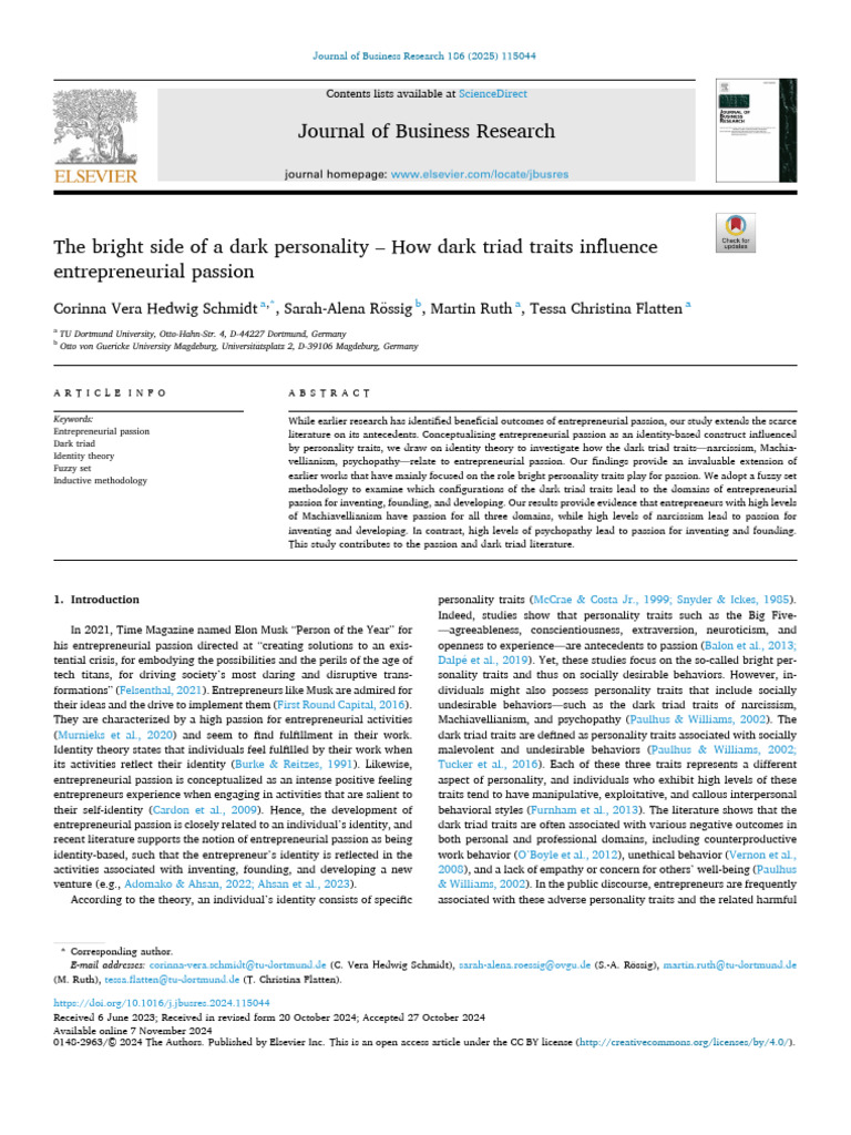 Dark Triad Traits and Entrepreneurial Passion | PDF | Dark Triad ...