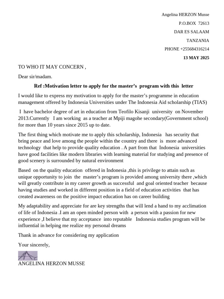 Motivation Letter for Master's in Education | PDF