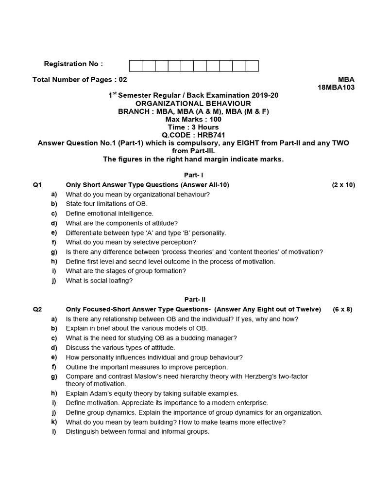 MBA 1st Semester: Organizational Behaviour Exam | PDF | Organizational ...