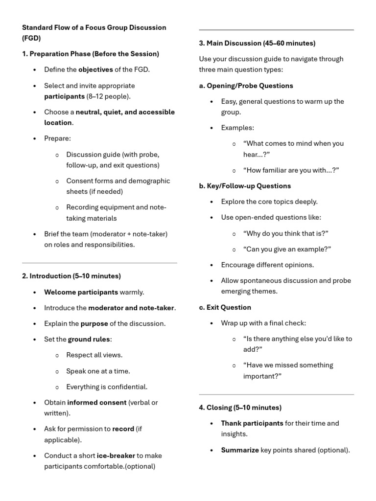 Focus Group Discussion Flow Guide | PDF | Focus Group | Human Communication