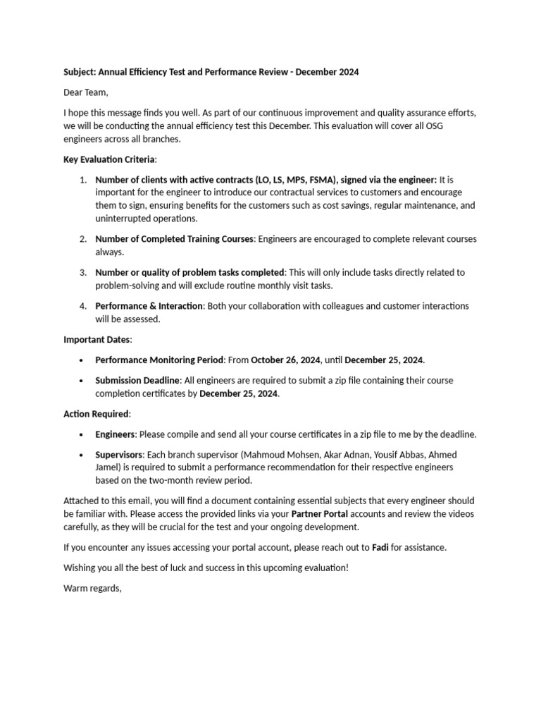 Annual Efficiency Test and Performance Review | PDF