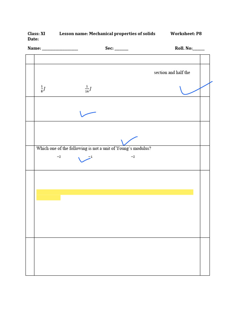 Physics Worksheet on Solid Mechanics | PDF | Elasticity (Physics ...