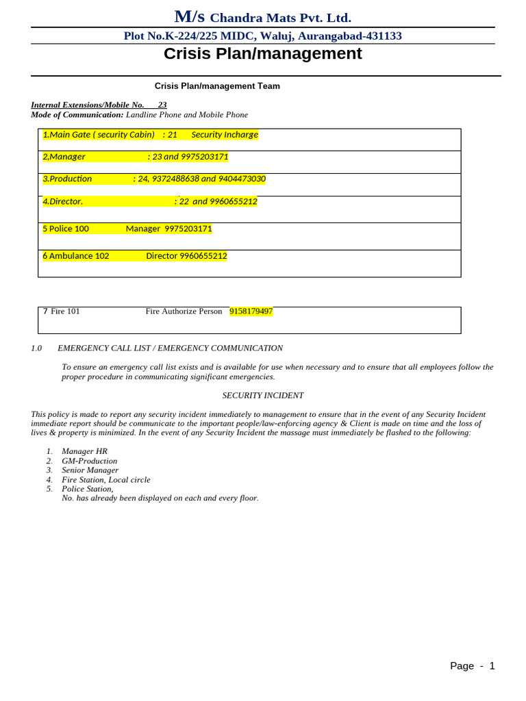 Crises Plan, Management Committee Crisis and Disaster Plan | PDF ...
