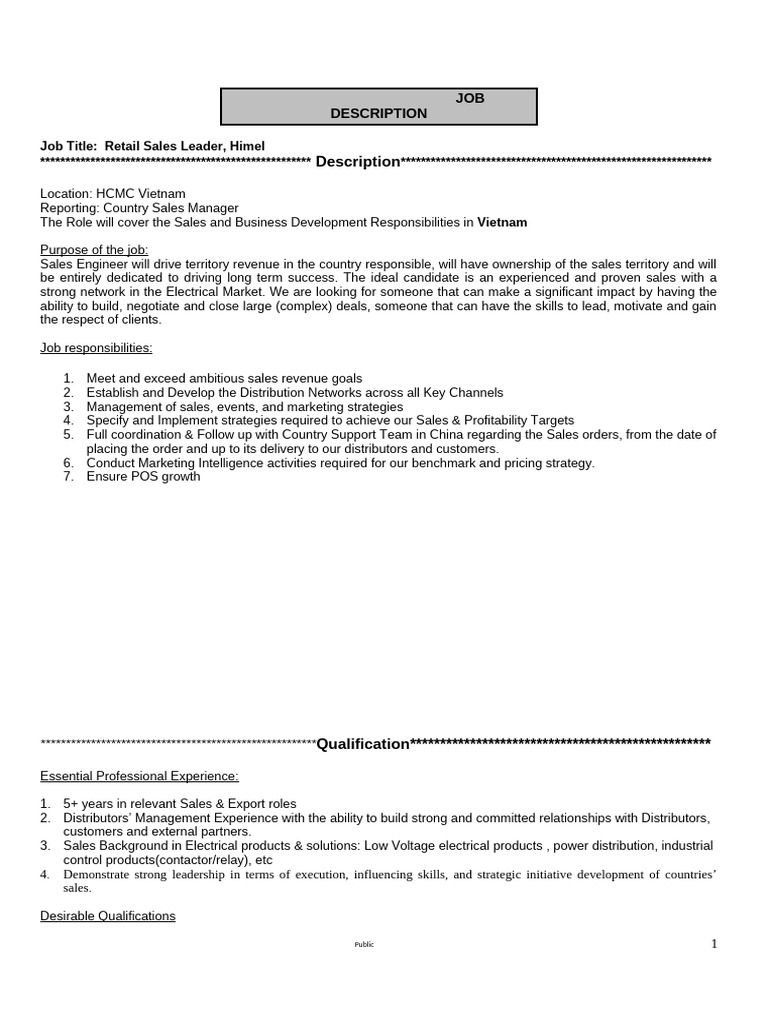 Job Description - Retail Sales Leader - Viet Nam 20231114 v2 | PDF ...