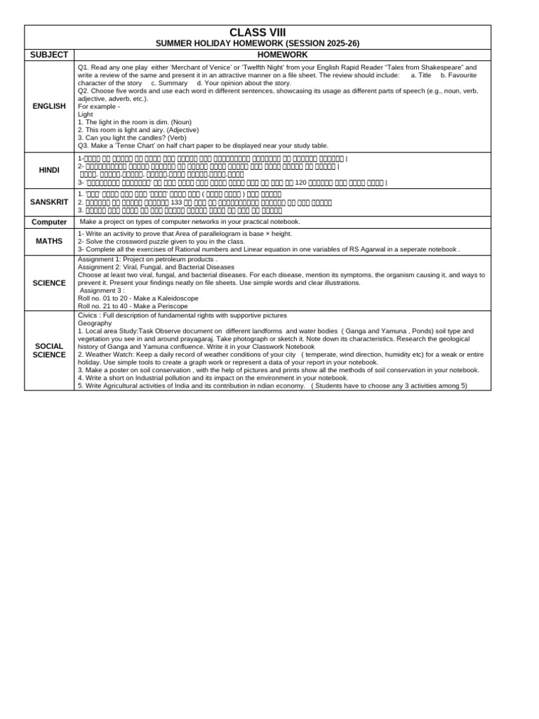 Class VIII Summer Holiday Homework | PDF | Verb | Linguistics