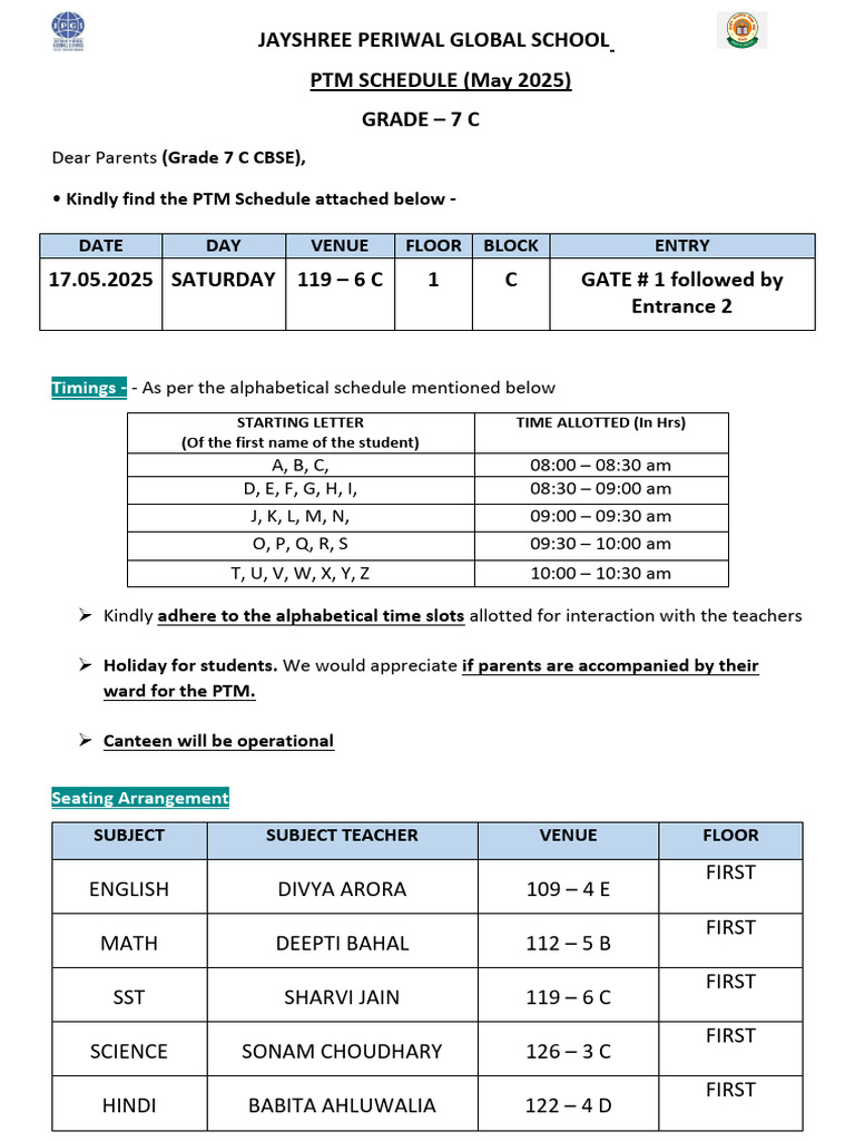 Grade 7C PTM Schedule May 2025 | PDF