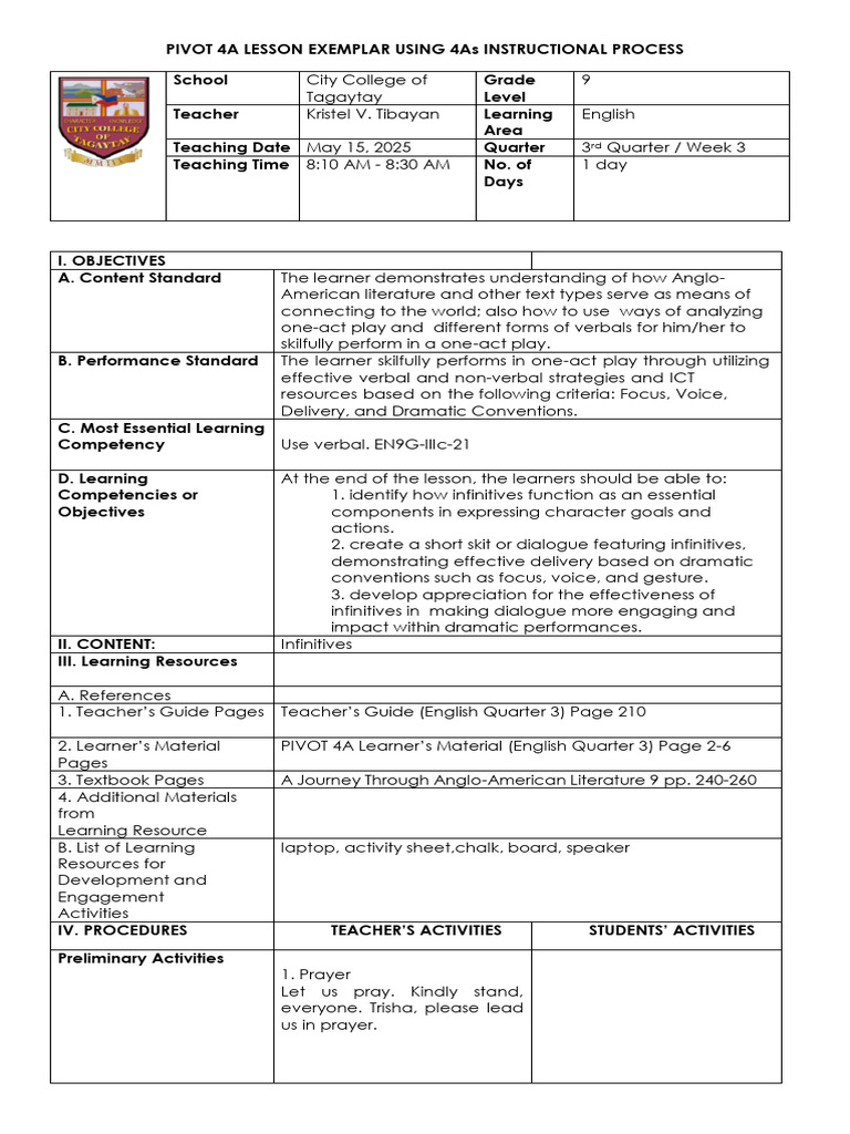 4 As Lesson Plan Template | PDF | Adverb | Verb