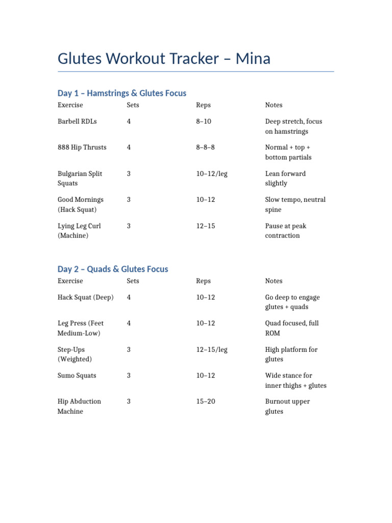 Mina Glute Workout Tracker | PDF