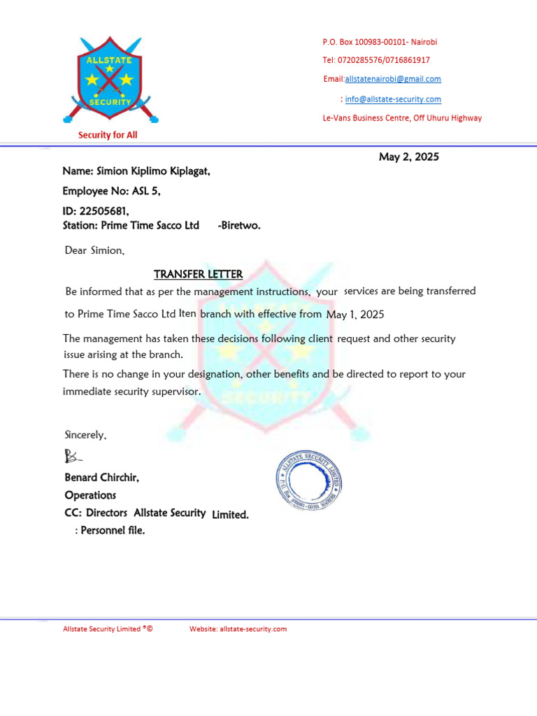 Allstate Security Employee Transfer Notice | PDF