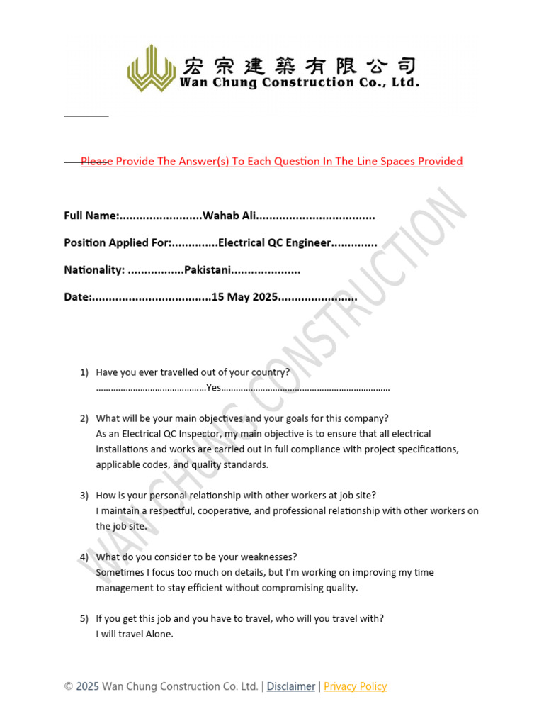 Wan Chung Construction Questionnaire Document | PDF