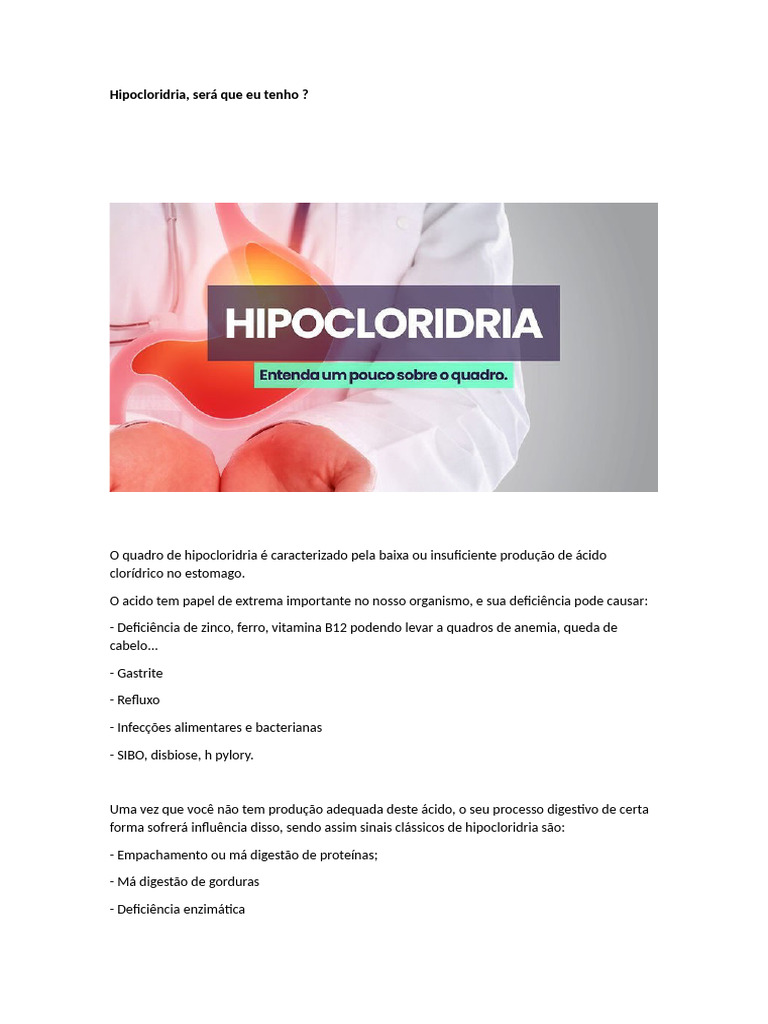 Sintomas e Tratamento da Hipocloridria | PDF