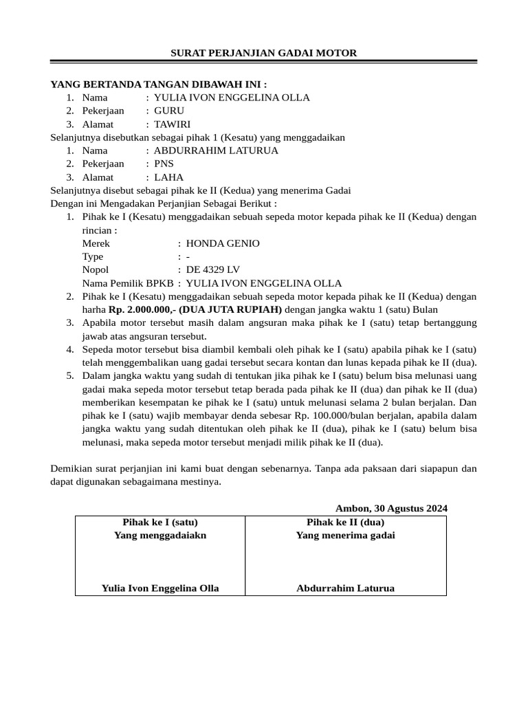 Surat Perjanjian Gadai Motor | PDF