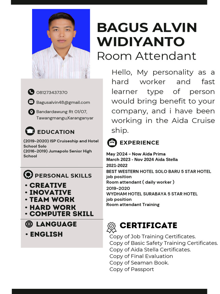 CV. Bagus Alvin Widiyanto Room Attendant | PDF