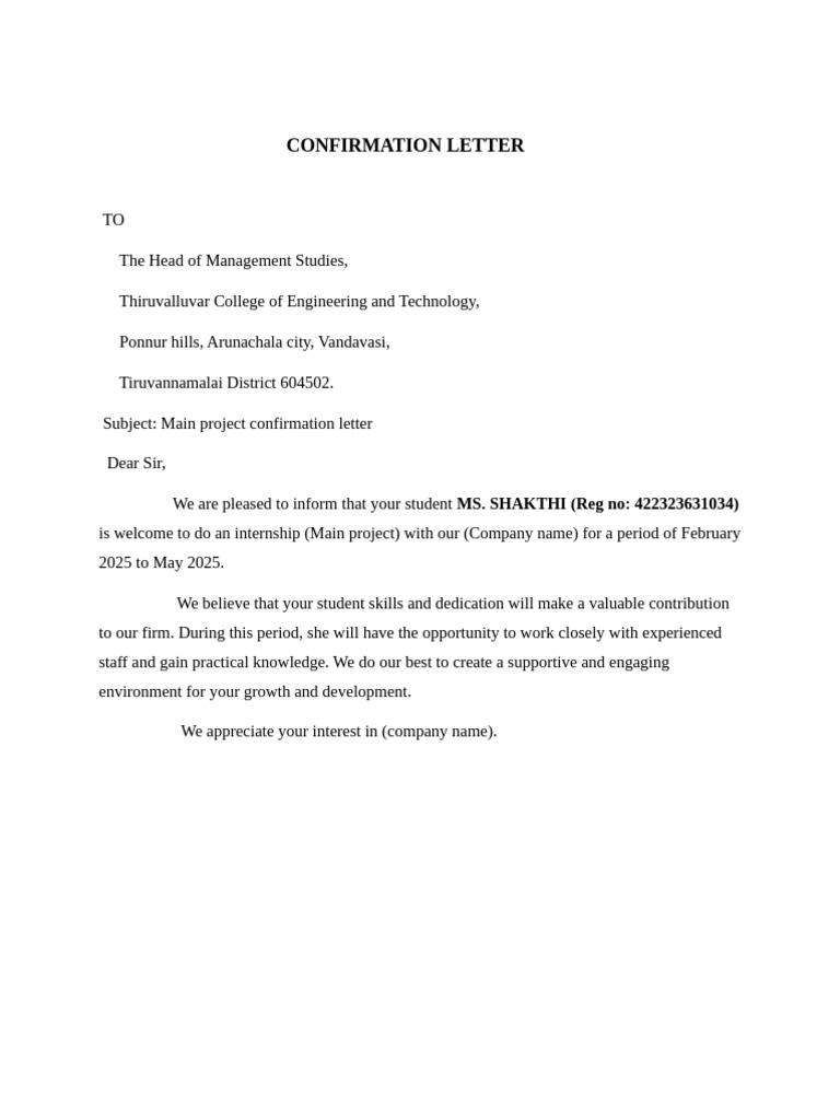 Main Project Internship Confirmation Letter | PDF