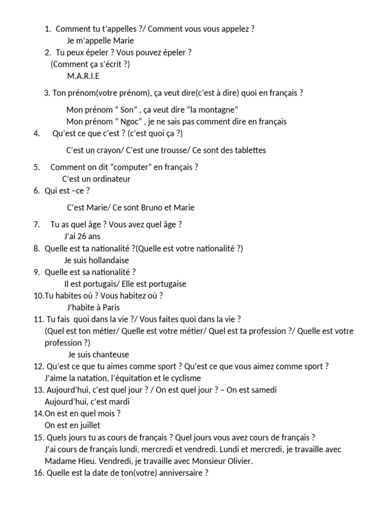 Questions et réponses en français | PDF