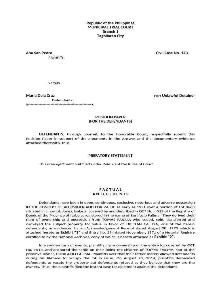 Ejectment - Case - Position Paper | PDF | Complaint | Burden Of Proof (Law)