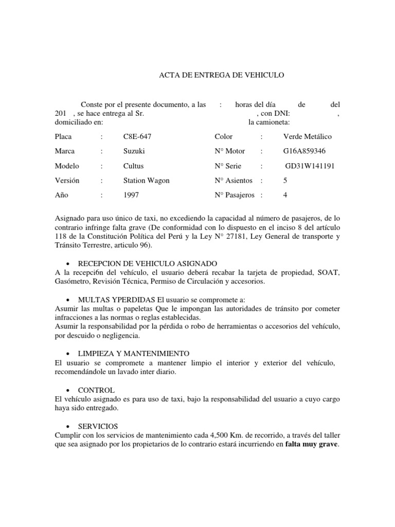 Acta de Entrega de Vehiculo Acta de Entrega de Vehiculo