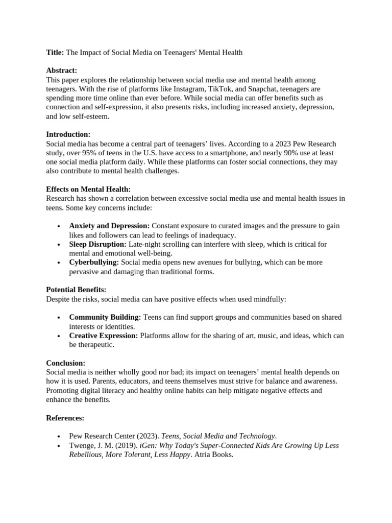 The Impact of Social Media On Teenagers' Mental Health | PDF