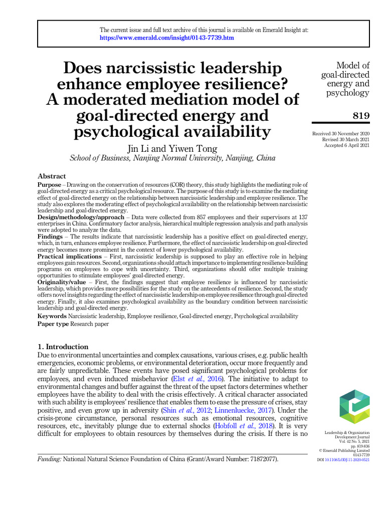 Narcissistic Leadership and Employee Resilience | PDF | Psychological ...