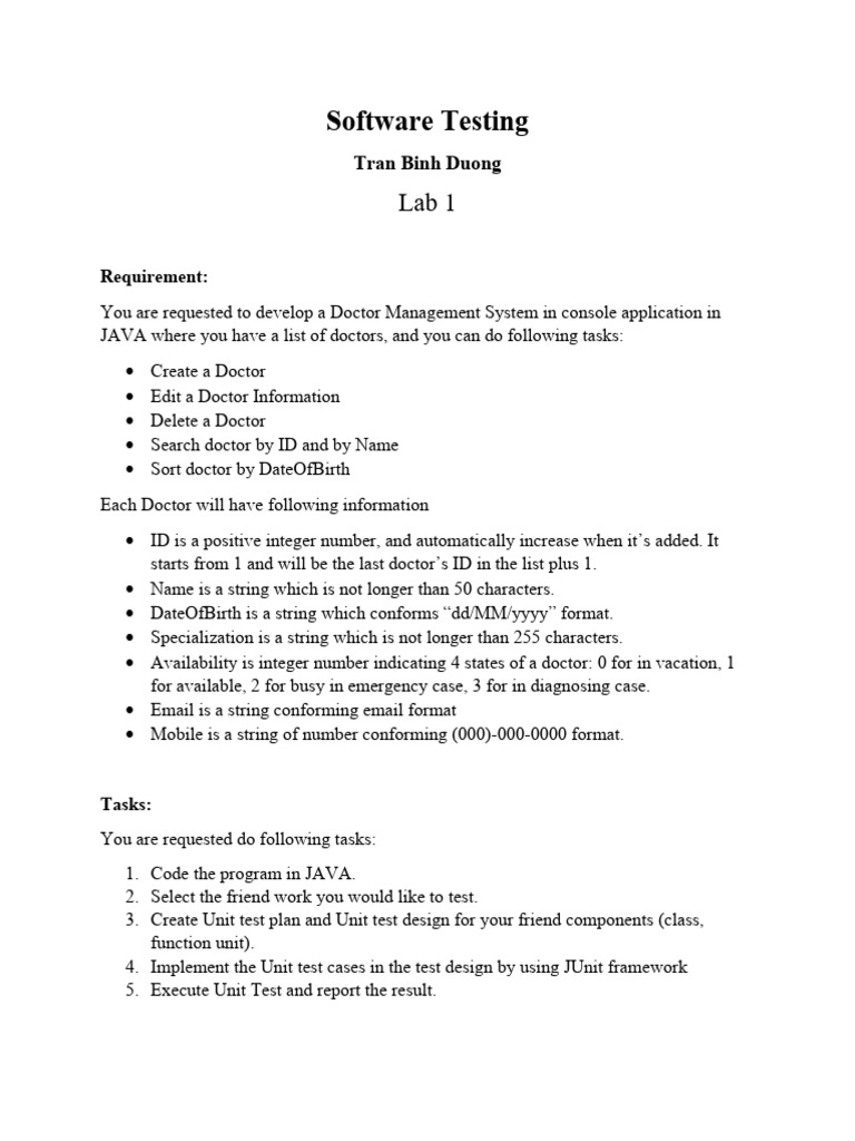 Java Doctor Management System Testing | PDF