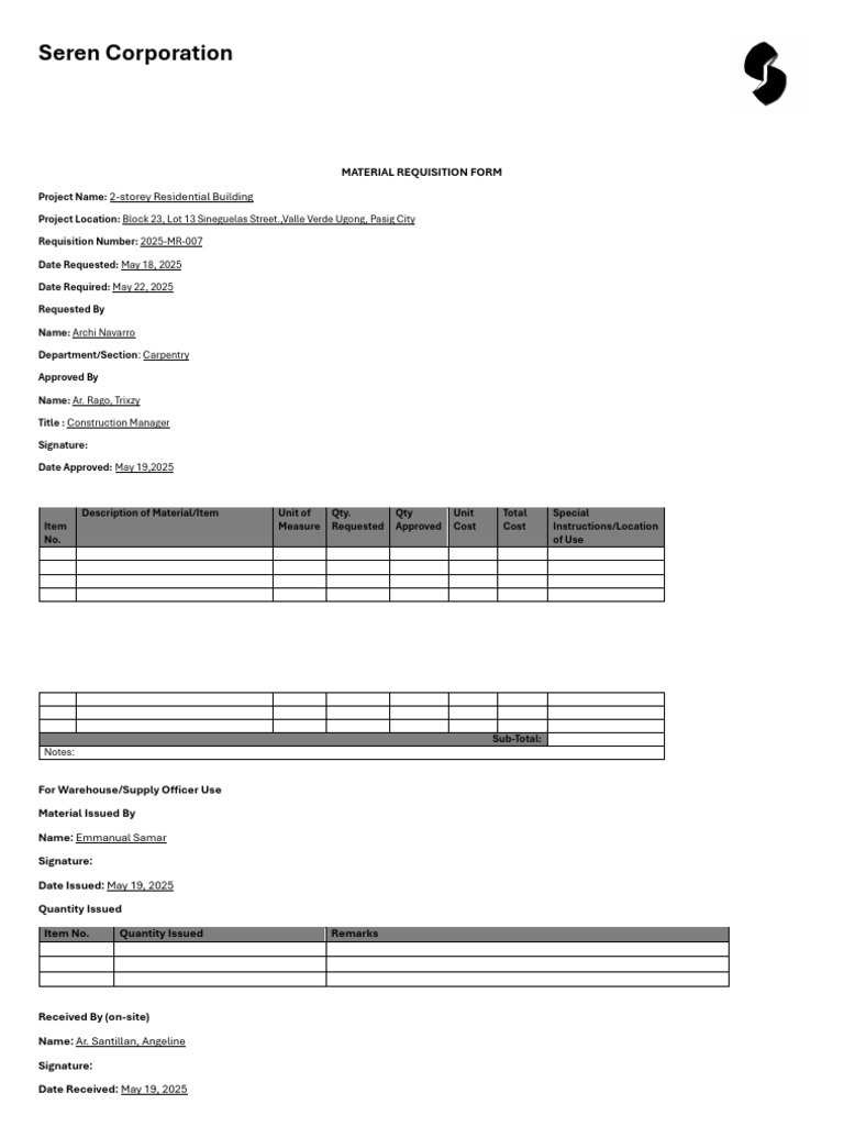 Material Requisition Form | PDF