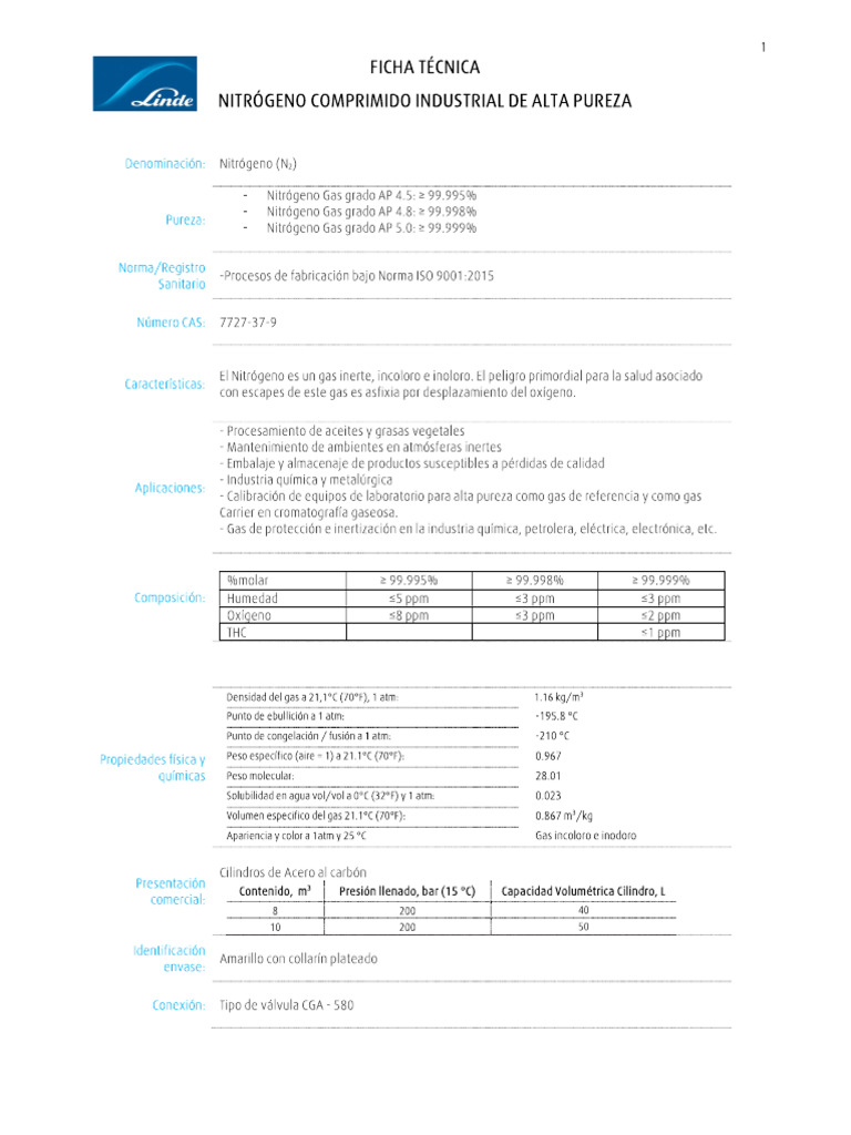 Ficha Técnica Nitrógeno Comprimido de Alta Pureza | PDF