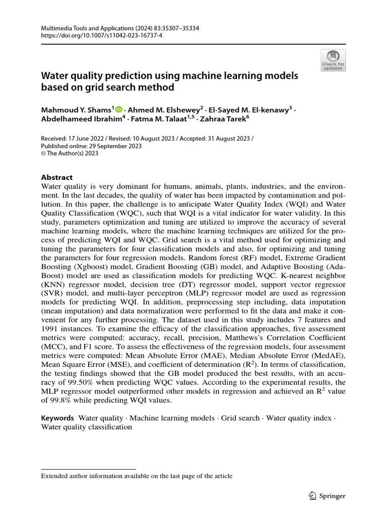 Machine Learning for Water Quality Prediction | PDF | Machine Learning ...