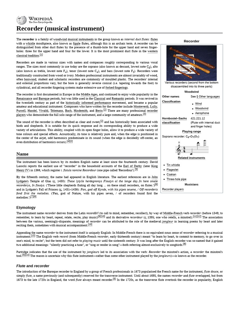 Recorder: History and Characteristics | PDF | Recorder (Musical ...