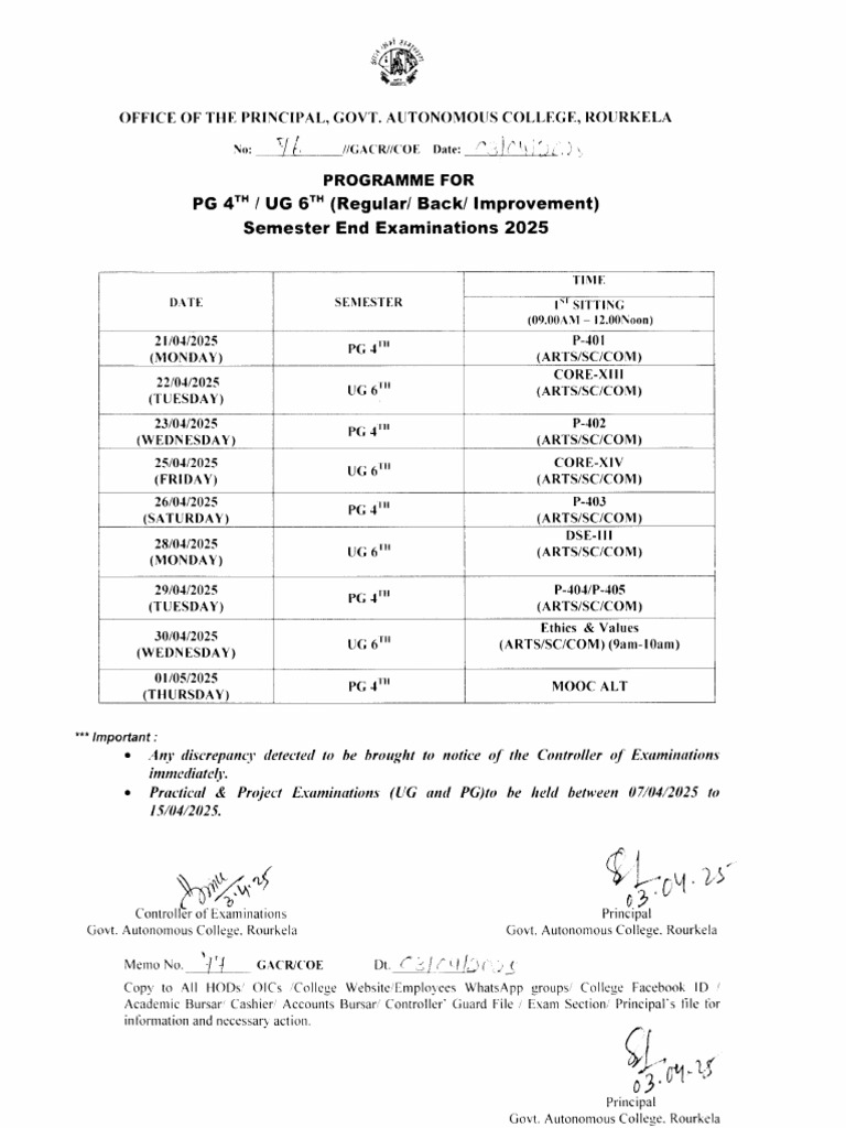 PG/UG Semester Exam Schedule 2025 | PDF