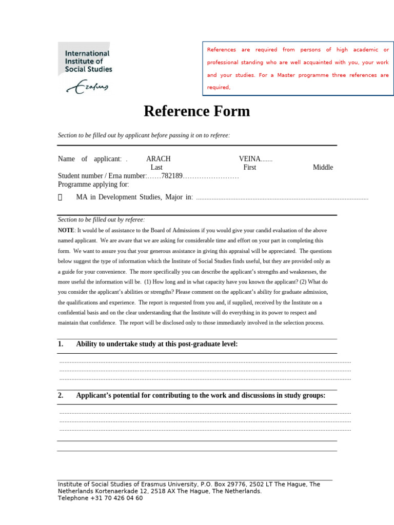 Reference Form for MA in Development Studies | PDF