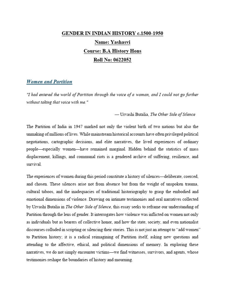 Women's Voices in Partition History | PDF | Psychological Trauma ...