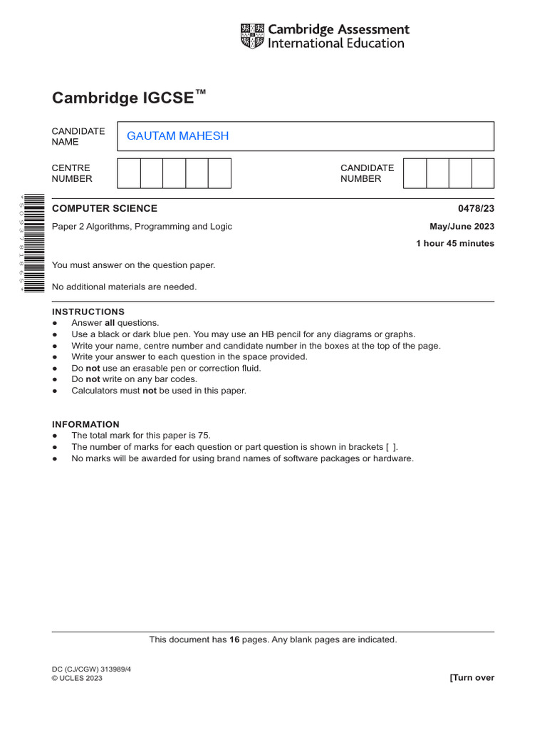 IGCSE Computer Science Paper 2 Guide | PDF | Verification And ...