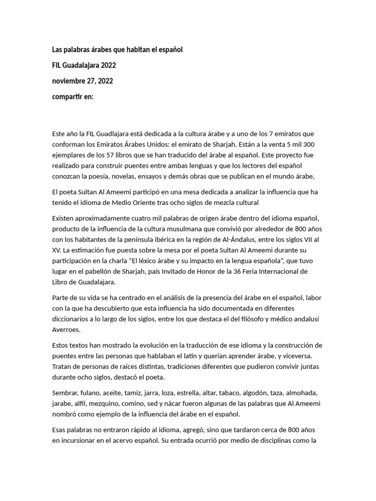 Las Palabras Árabes Que Habitan El Español | PDF | Arábica | Lengua