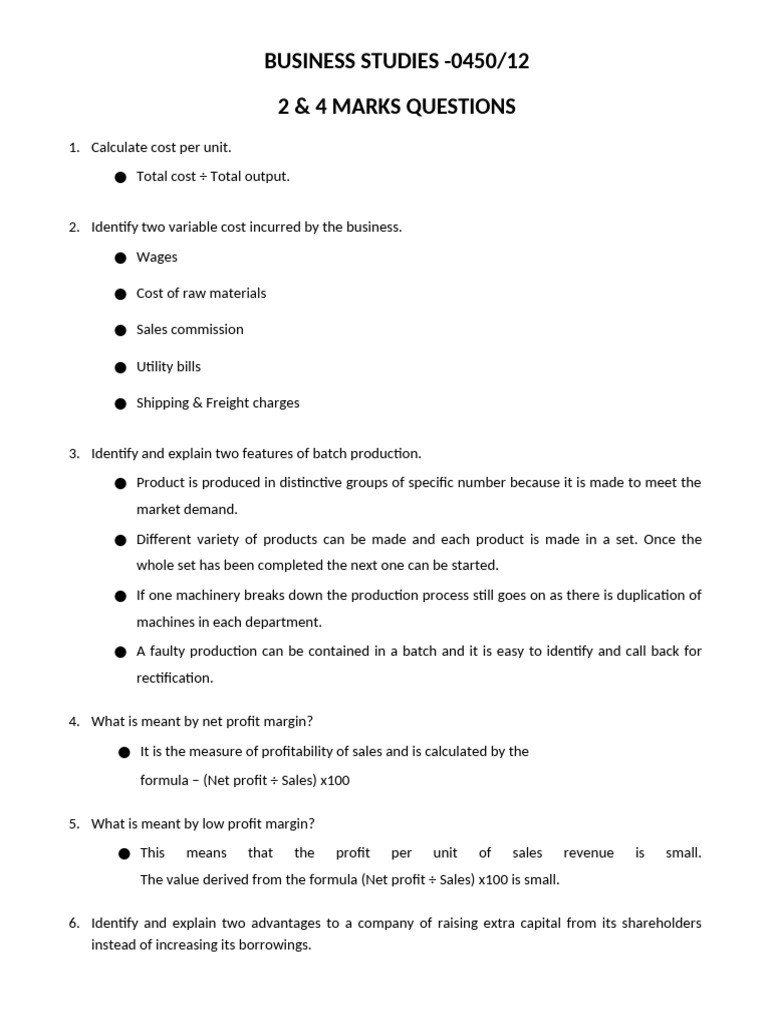 Bus.std. 2 Marks and 4 Marks Question Bank - Copy (2) | PDF | Labour ...