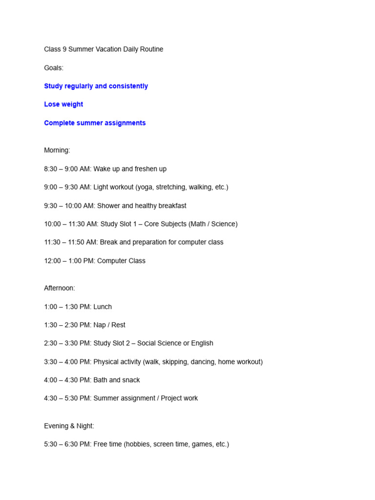 Class 9 Summer Vacation Routine | PDF